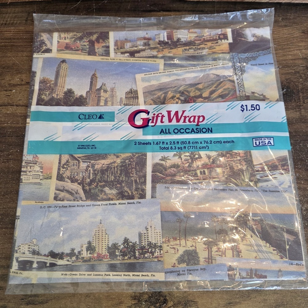 Cleo Gift Wrap All‎ Occasion Destinations NYC Florida 2 Sheets 1.67' x 2.5' 1996